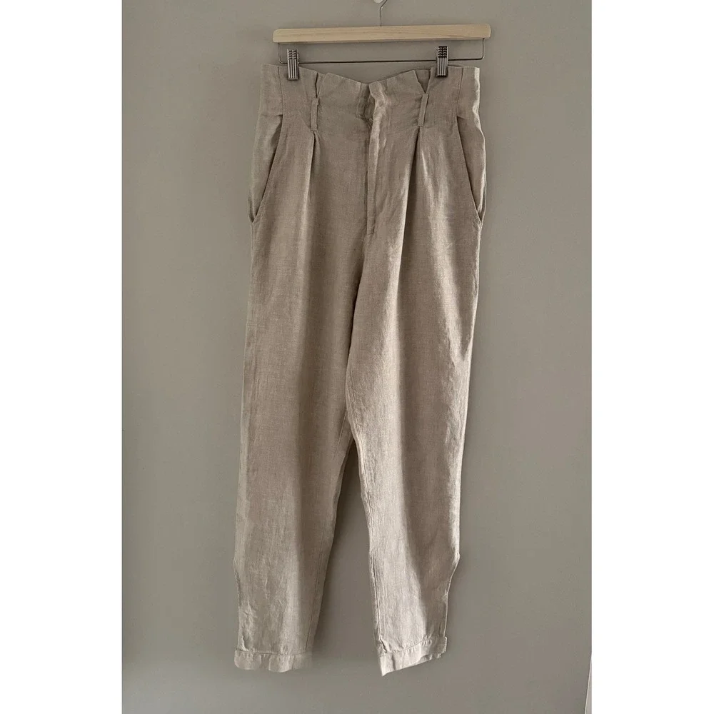 Reformation‎ Oatmeal Beige 100% Linen Pleated High Rise Tapered Pants Size 4